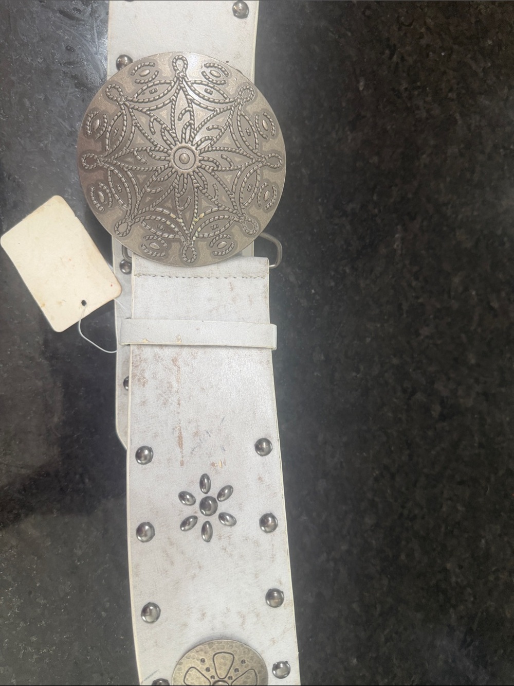 White Bohemian Studded Belt with Ornate Silver Buckle